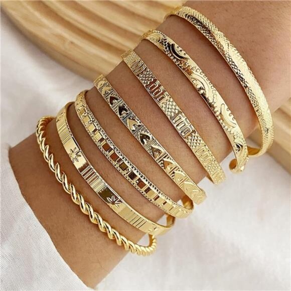 14k Gold Plated Multi Layer Stackable Cuff Bracelet Set - Picture 3 of 8